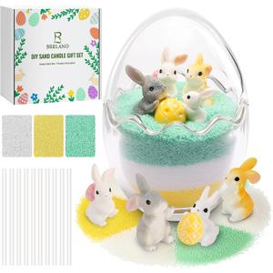 BRELANO Easter Craft Kit for Kids & Adults DIY Sand Candle Making Kit with Bunny & Egg Decor, Colored Pearled Candle Sand, Cotton Wicks & Egg-Shaped Glass Jar, Easter Gift Set & Spring Home Decor