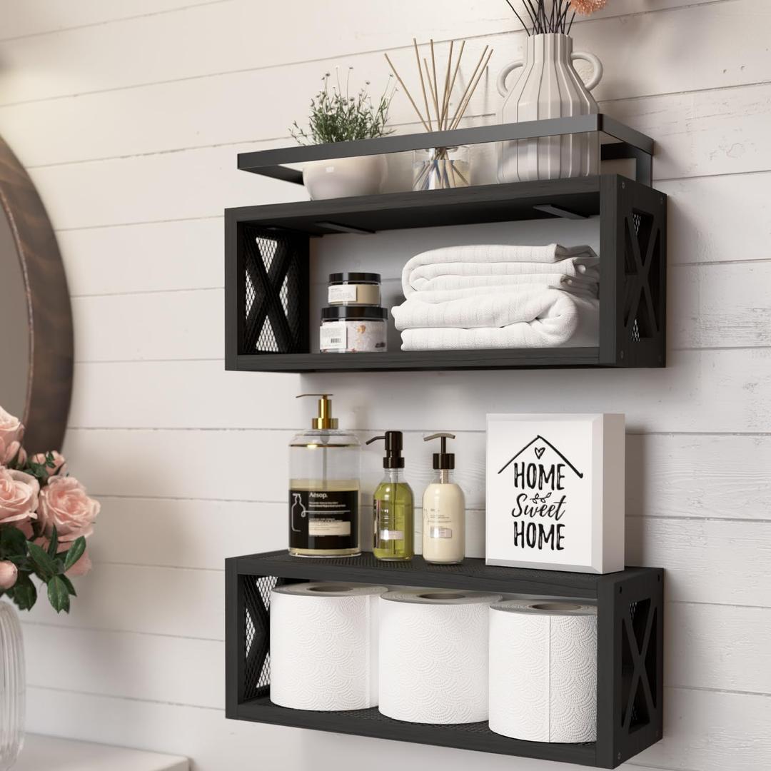 RICHER HOUSE Floating Shelves with Guardrail, Rustic Wood for Wall Dcor, Farmhouse Bathroom Accessories Mounted, Organizer over Toilet Storage, Kitchen, Living Room - Black