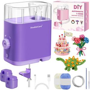 DoubleCare Automatic i Cord Knitting Machine, Electric i-Cord Knitter with 2 Rolls of Yarn and 1 Roll of 2M Iron Wire，Hands-Free Highly Knitting Tools，Fast DIY Craft Projects, Purple