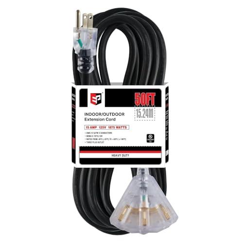 EP 50 Ft Lighted Outdoor Extension Cord with 3 Electrical Power Outlets - 12/3 SJTW Heavy Duty Black Extension Cable with 3 Prong Grounded Plug for Safety, UL Listed EP 50 Ft Lighted Outdoor Extension Cord with 3 Electrical Power Outlets - 12/3 SJTW Heavy Duty Black Extension Cable with 3 Prong Grounded Plug for Safety, UL Listed