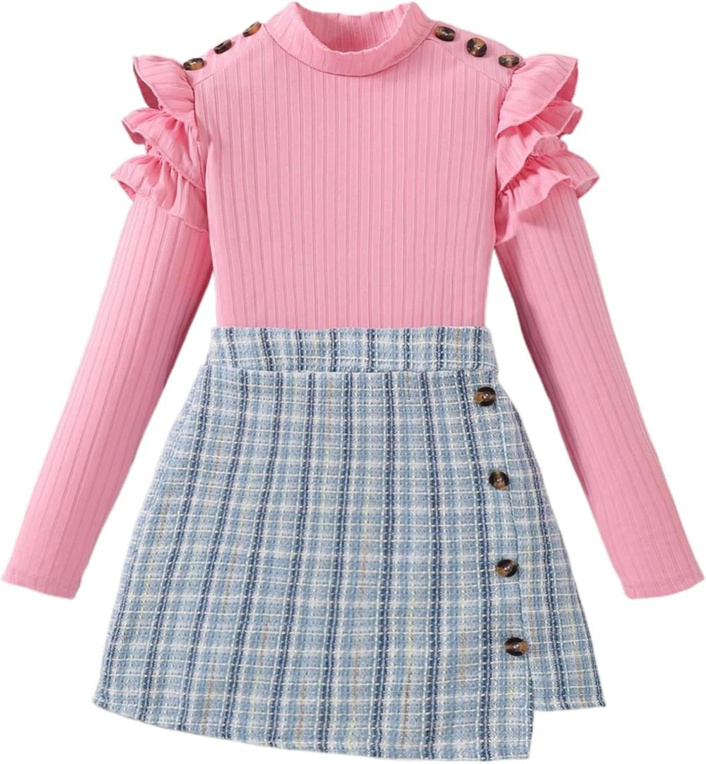 Girls Clothes Skirt Set 2 Piece Ruffle Sleeve Shirts and Plaid Skirts Fall Winter Outfits (11-12 Years, Pink & Plaid Blue)