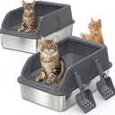 2 Pack Stainless Steel Litter Box with Lid, XL Metal Cat Litter Boxes High Sided Enclosed for Big Cat and Multiple Cats, Anti-Urine Leakage | Non-Stick Bottom & Includes Scoop (Dark Gray)