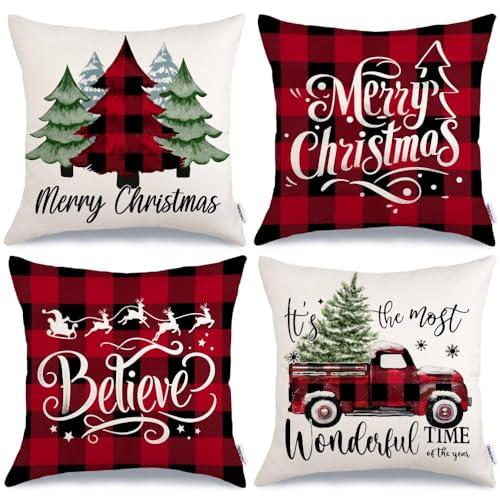 GEEORY Merry Christmas Throw Pillow Covers 20x20 Inch Set of 4, Xmas Trees Truck Buffalo Plaid Believe Farmhouse Decorative Cushion Cases for Home Decoration G421-20