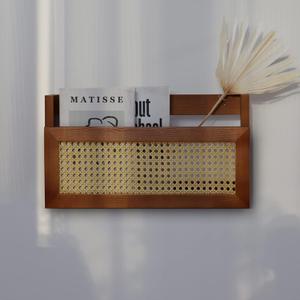 FRIADE Wall Wood Magazine Rack with PE Rattan Grid,Size 17.3" x 4" x 9.4",File Holder For Entryway, Living Room, Waiting Room, Kids room,OfficeBrown