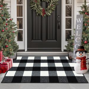 Buffalo Plaid Outdoor Rug, 20"x32" Checkered Front Door Mat, Non Slip Absorbent Entryway Rug Doormat, Washable Rugs for Layered Door Mats Porch/Front Porch/Farmhouse Black and White for Indoor/Outdoor (1'8" x 2'8" (Rectangular))