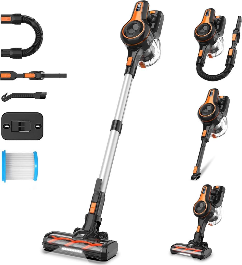 28Kpa Cordless Vacuum Cleaner, 8-in-1 Lightweight Cordless Stick Vacuum, 300W Rechargeable Vacuum with 2500m-Ah Battery, 45min Runtime Powerful Stick Vacuum for Pet Hair Hard Floor Carpet