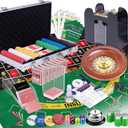 5 in 1 Super Casino Game Set: Blackjack/Texas Hold'em/Roulette/Craps/Poker Kit, 10" Wooden Roulette Wheel, Carrying Case with 360 Plastic Chips, 6 Deck Shuffler, 2 Double-Sided Rubber Mat And More