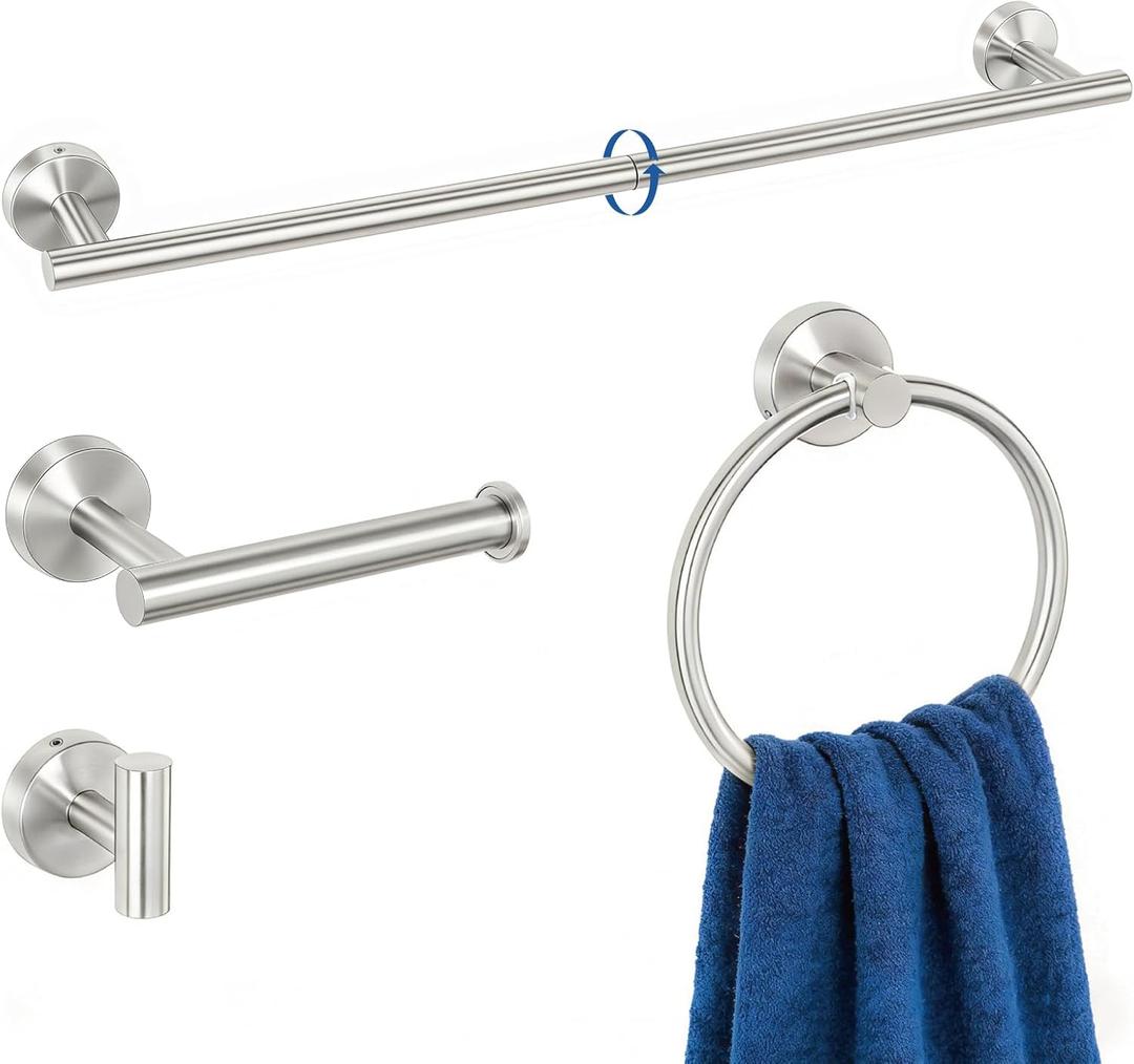 HOMOTEK 4 Pieces Bathroom Accessories Hardware Set, 24 inch Towel Bar, Towel Ring, Robe Hook, Toilet Paper Holder, Stainless Steel Rack Kit Wall Mounted, Brushed Stainless Steel