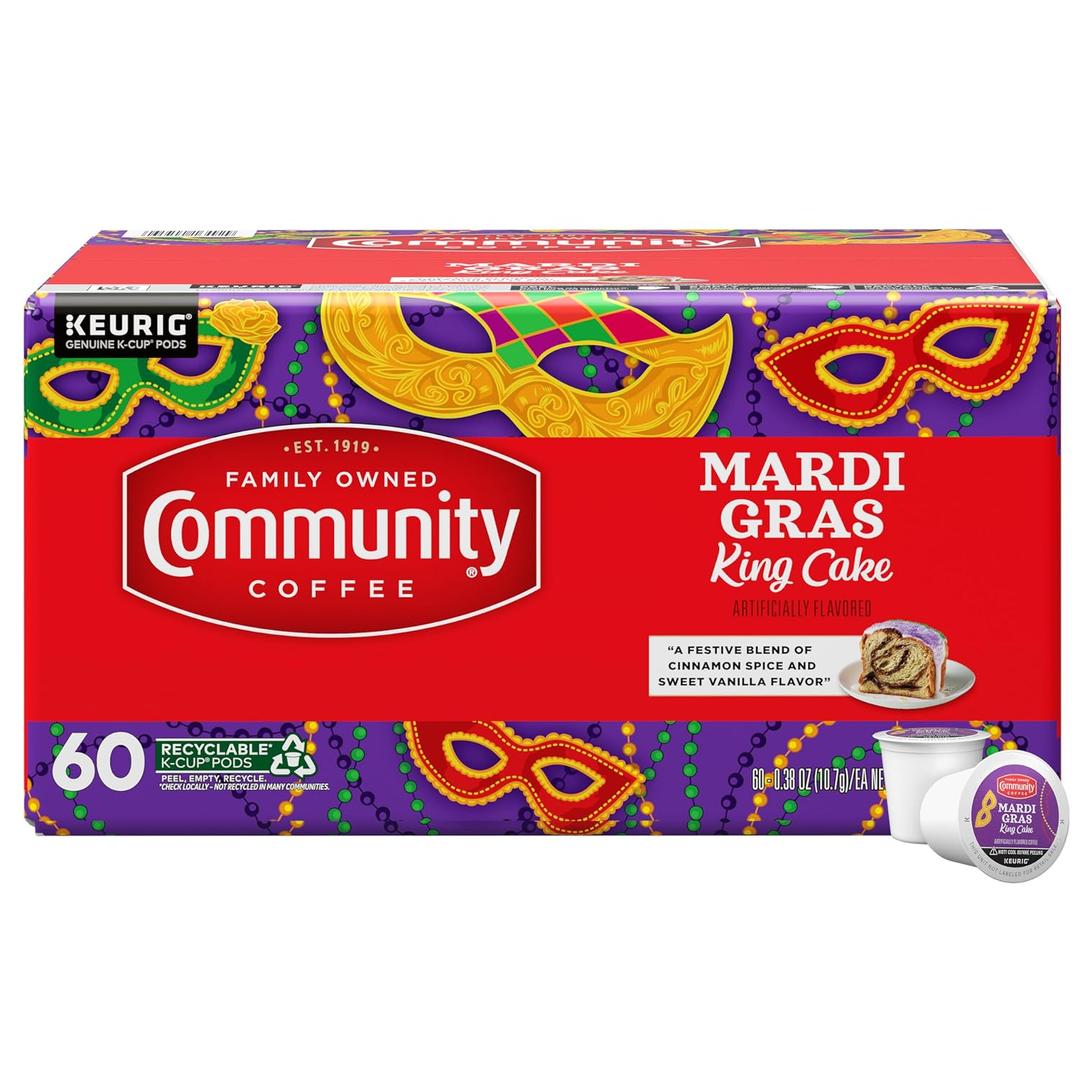 Community Coffee Mardi Gras King Cake Flavored, 60 Single-Serve Keurig K-Cup Pods, Medium Roast, 60 Count (Pack of 1) (EXP 12/01/26)