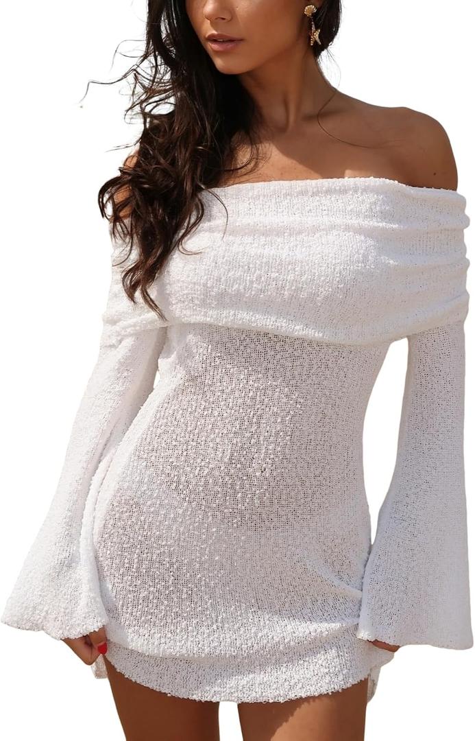 Unybwonn Women's Off Shoulder Mini Short Dress Bodycon Long Sleeve Crochet Sexy Going Out Mesh Elegant Sweater Dresses (White), Small