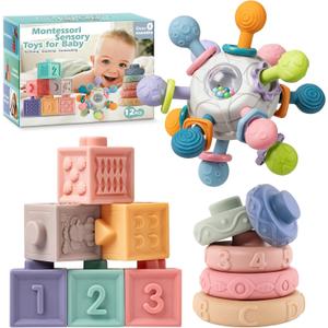 SpringFlower 3 in 1 Montessori Toys for Babies 0-3-6-12 Months, Rattle Teether & Baby Blocks & Soft Stacking Rings, Sensory Developmental Education Toys,Gift for Toddler Baby 0-3-6-12-18 Months