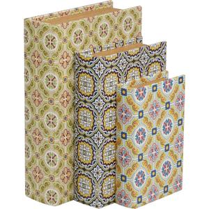 Deco 79 Canvas Decorative Box Storage Book Book Shaped Boxes with Arabesque Pattern and Gold Page Inspired Detail, Set of 3 Decorative Keepsake Boxes 12", 10", 8" H, Multi Colored