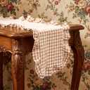 HunnmingRe 1 Pcs Brown Plaid Gingham Ruffle Table Runner 118 x 13.8'' Farmhouse Table Runner 100% Cotton Scalloped Long Dresser Scarves for Mothers Day, Dining Room, Wedding, Kitchen Rustic Home Decor