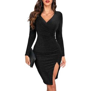 oten Women's Sparkly Deep V Neck Long Sleeve Ruched Bodycon Slit Cocktail Party Club Night Out Slim Fit Glitter Dresses (Medium, Black)