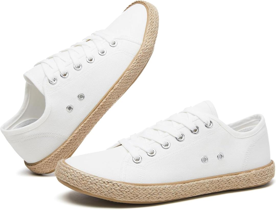 POVOGER Women's Canvas Sneakers,Slip-On Low Top Lace Up with Cushion | Breathable Canvas, Lightweight, Rope-Jute Trim, Non-Slip Sole, Cushioned Insole for Walking & Casual, Size US 9,5