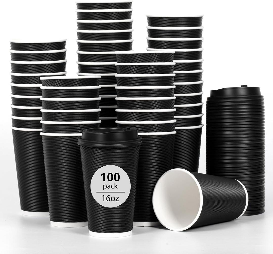 DAILYLIFE 16oz Insulated Black Disposable Coffee Cups with Lids- 100 Pack, To Go Coffee Cups for Hot Drinks, Leak Proof Design, Ideal for Cafes, Offices, Parties and Family (16oz, Black)