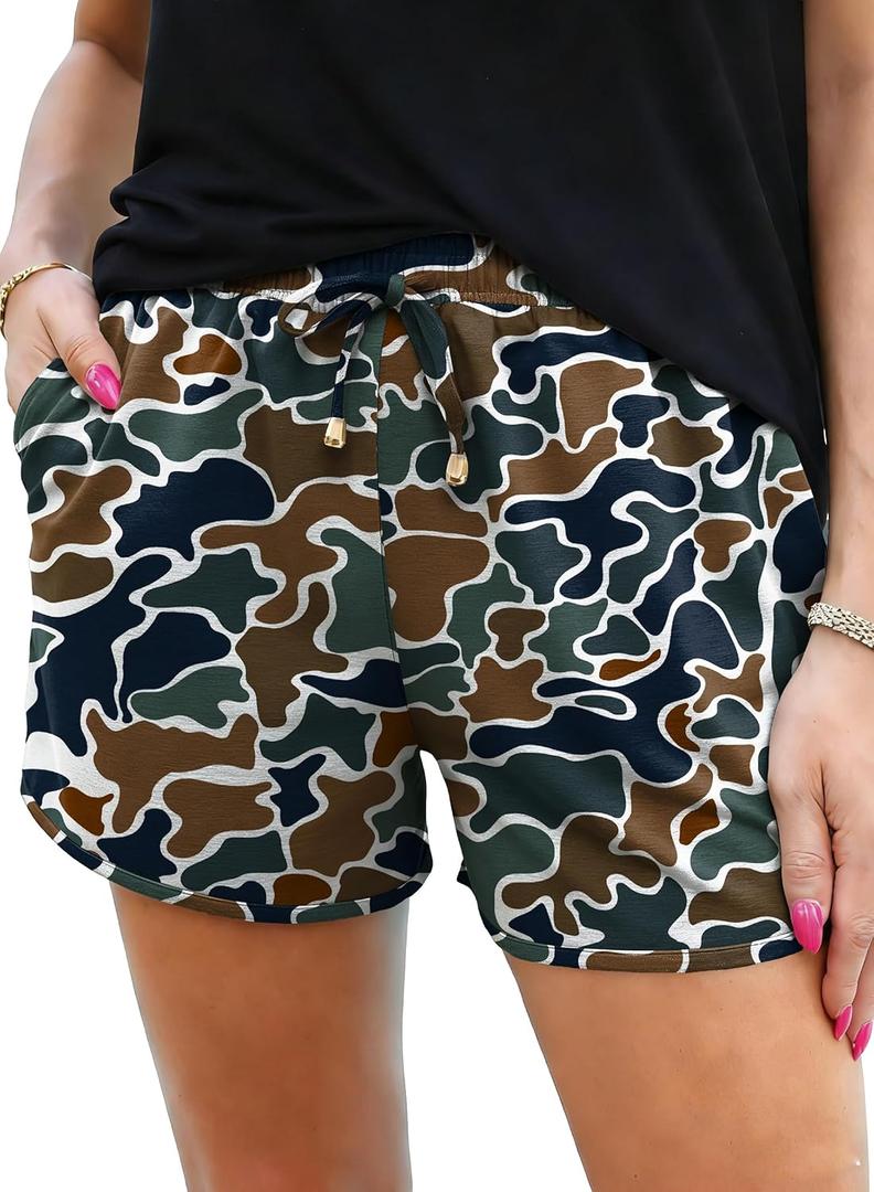 IWOLLENCE Women's Checkered Shorts Elastic Waist with Drawstring Plaid Short Pants Beach Summer with Pockets (Blue, M)