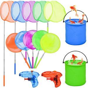 14Pack Kids Telescopic Butterfly Nets Foldable Buckets and Kids Water Gun Set Colorful Fishing Bugs Nets Outdoor Tools for Kids Catching Insect Net Extendable Anti Slip Grip Fishing Nets (Blue)