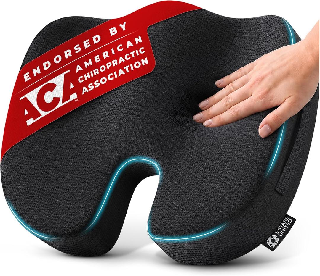 5 STARS UNITED Seat Cushion - Memory Foam for Tailbone Pain Relief - Ergonomic Support for Coccyx, Sciatica & Butt - Wheelchair, Office, Desk & Gaming Chair, Car Seat, Airplane, Black, Size: Large