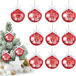 Yuxung 10 Pcs Christmas Appreciation Gifts for Coworker Employee Thank You Christmas Ornaments Bulk 3.15'' Hanging Glitter Ball with Ribbon Holiday Decorations for Staff Team Nurse Teacher (Red)