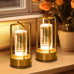 Rechargeable Table Lamp Cordless, 3 Color | Crystal | Stepless Dimming, for Bedroom, Cafe, Camping, Bar, Dining Table, Restaurant, Gold (2 Pack)