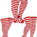 SATINIOR 3 Pairs Knee High Socks Thigh High Triple Stripe over the Knee Socks Long Opaque Thigh Stockings (X-XXL, Red and White Stripes)