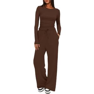 Darong Women's 2 Piece Sets Fall Outfits Long Sleeve Wide Leg Tracksuits Casual Lounge Set Matching Sets (X-Small, Coffee(29" Inseam))
