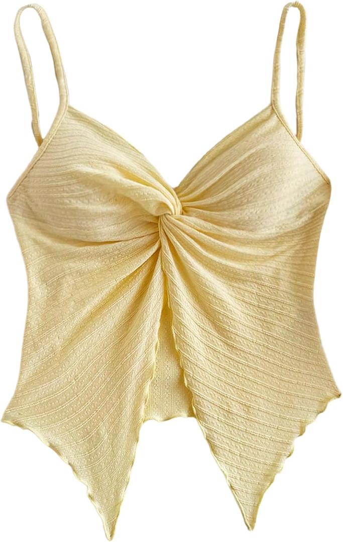SHENHE Women's Twist Front Camisole Top Split Hem Asymmetrical Sleeveless Cute Tank (Yellow)