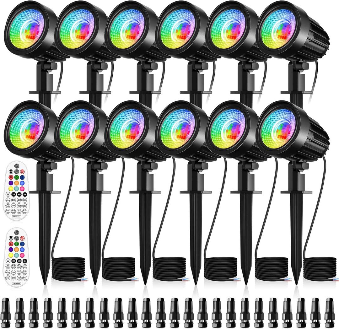 15W RGB Low Voltage Landscape Lighting, LED Color Changing Landscape Lights with Remote Control, 12V IP66 Waterproof Outdoor Spot Lights for Yard Garden Pathway Patio,12 Pack with connectors