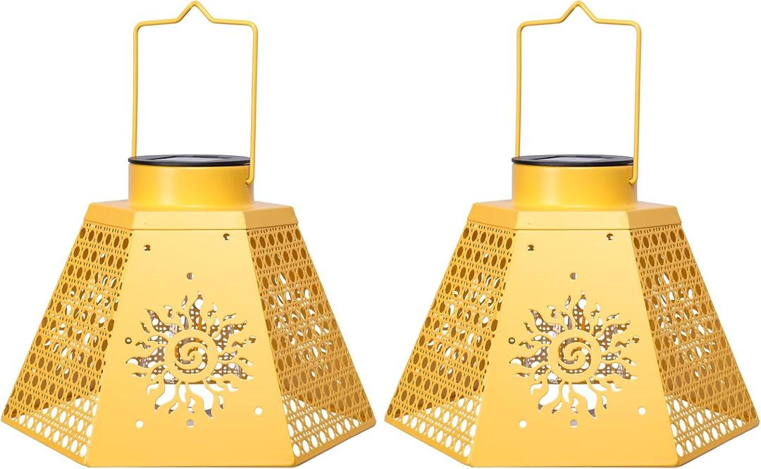 Outdoor Solar Lanterns Waterproof Hanging Solar Metal Lantern 9.5" Sun LED Lantern Yard Art Decor for Yard, Patio, Hallway, Birthday Mothers' Day Gifts (2Pack, Yellow)