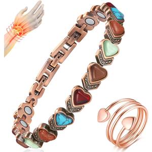 Vicmag Magnetic Copper Bracelets for Women with Natural Turquoise, 3800 Gauss Magnets Adjustable Pure Copper Bracelet & Ring (Love Stone)