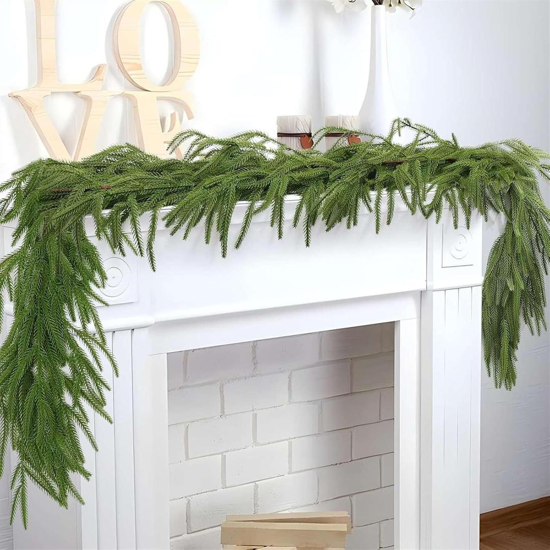 Christmas Garlands Artificial Norfolk Pine Garland Real Touch Faux Greenery Garland for Holiday, Fireplace, Mantle, Window, Stairs, Indoor, Outdoor Decor, 6FT