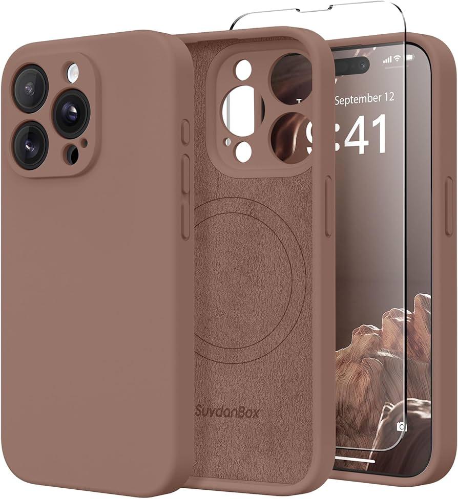 Magnetic for iPhone 14 Pro Case, Compatible with MagSafe, [Full Camera Protection][Screen Protector] Silicone Shockproof Protective Phone Case for iPhone 14 Pro 6.1", Brown 
