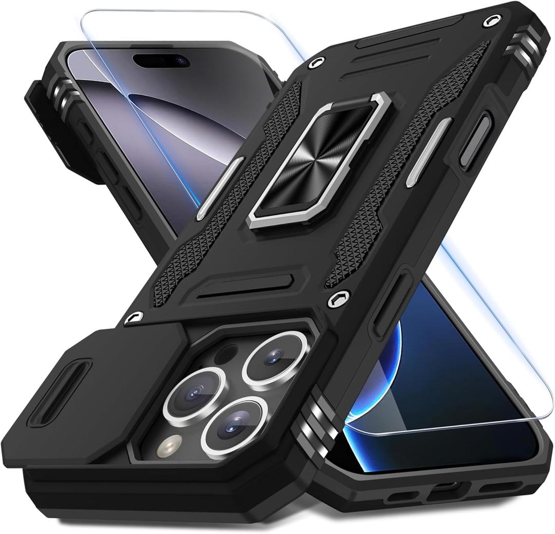 DEERLAMN Case for iPhone 16 Pro Max with Slide Camera Cover+Screen Protector (1 Pack), Rotated Ring Kickstand Military Grade Shockproof Protective Cover-Black