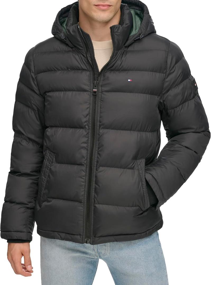Tommy Hilfiger Men's Classic Hooded Puffer Jacket (Standard and Big & Tall), Black, Medium
