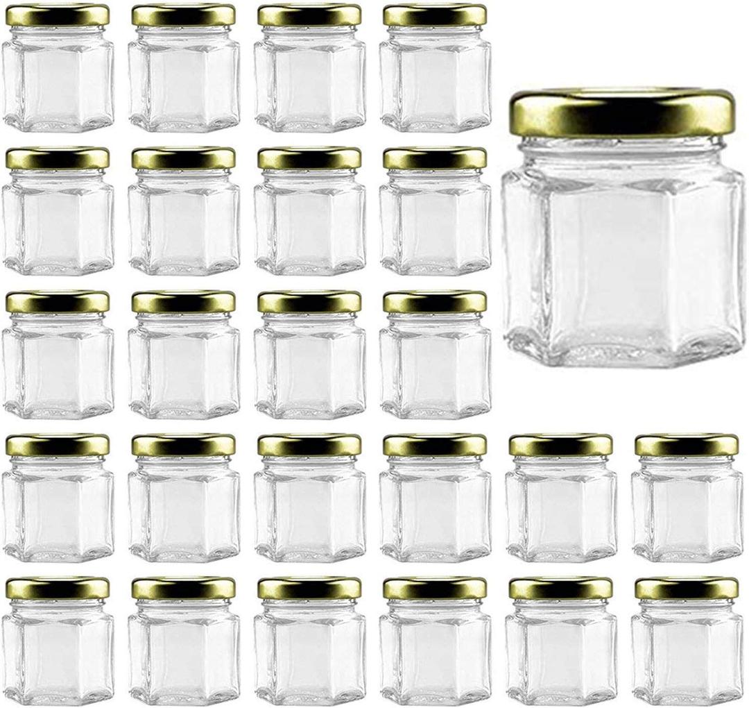 25Pack1.5oz Honey Jars, Mini Honey Jars With Dipper, Hexagon Glass Jar with Gold Lids, Glass Jar with Labels for Gifts, Wedding Favors, baby Favors and DIY Ideas