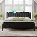 Leather King Size Bed Frame with Fast Charging Station,Metal Platform King Beds with Upholstered Headboard & Footboard,12" Underbed Storage Space, Easy Assembly,Noise-Free,Black
