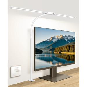 Desk Lamp with Clamp, with 5V 2A Adapter, LED Desk Lamp with Dual Head, 50 Light Modes, Computer Monitor Flexible Gooseneck Lamp, Eye Protection Desk Lamps for Study, Office, Crafts, Draw(White)