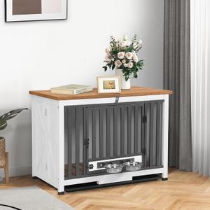 Dog Crate Furniture, Foldable Wooden Dog Kennel Furniture with 360° Rotating Feeding Bowls, Iron Frame Dog Crate with Deepened Sliding Tray, 33" L - White Brown