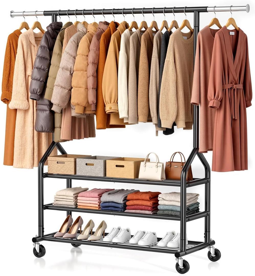 Heavy Duty Clothing Rack, Rolling Clothes Rack with 3 Shelves, Black
