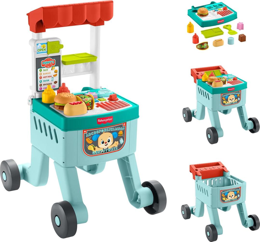 Fisher-Price Baby Push Toy 4-in-1 Snack Cart Walker Learning Activity, 14 Pieces for Pretend Play Infants Ages 6+ Months, Multilanguage Version, Child-size