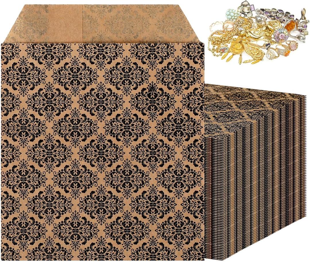 200 Pcs Damask Kraft Paper Jewelry Bags 3 x 4 Inch Jewelry Travel Pouches Storage Bags Bulk Small Jewelry Organizer Pouches with Brown Black Damask for Women Holiday Gift Presents Packaging