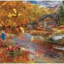 Bits and Pieces  500 Piece Jigsaw Puzzle for Adults  Autumn Cabin - Fall Forest Lake Tree Leaves Scarecrow Rustic Jigsaw Puzzle by Artist Bigelow Illustrations, Completed Puzzle Size: 18" x 24"