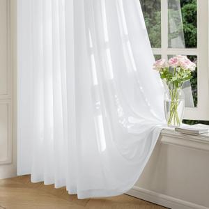 FMFUNCTEX Sheer Non-See-Through White Curtains for Bedroom, Faux Silk that Let Light Curtains 96 inches Long Light Filtering Privacy Sheer Window Drapes for Living Room, Rod Pocket 2 Panels Set