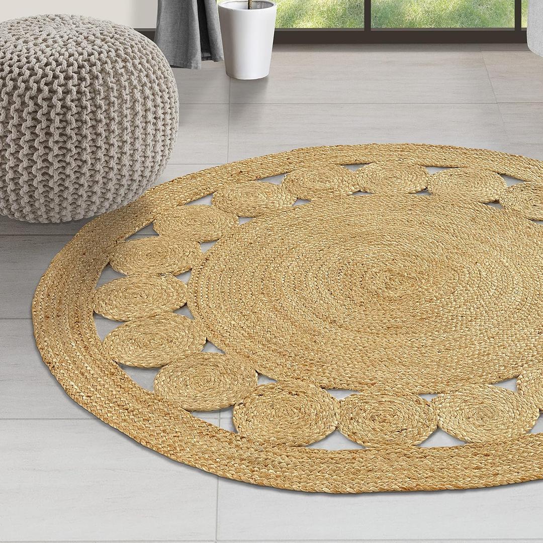 GRUHUM Round Jute Area Rug 5ft Natural Fibre Handmade Boho Charm Farmhouse Soft Braided Reversible Rustic Vintage Rugs for Indoor EcoFriendly Kitchen Bedroom Living Room Hallways Enterways(5'ft Round)