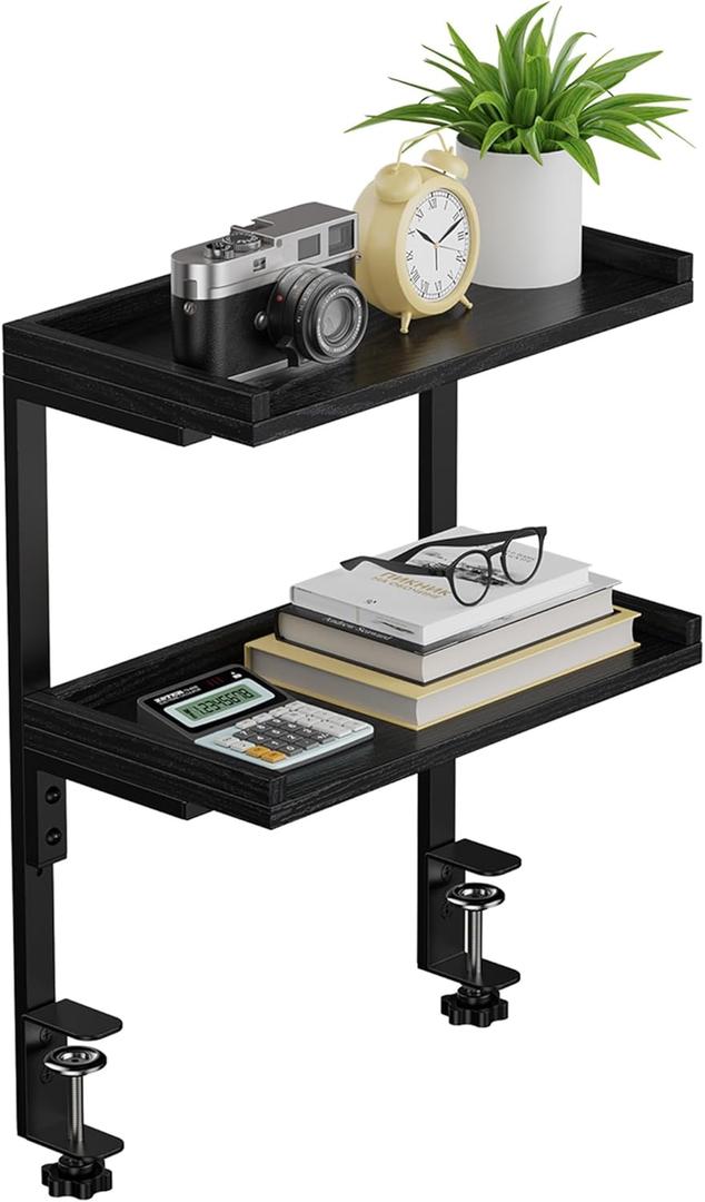 ART-GIFTREE Clamp On Desk Shelf 2-Tier, 12.5 inche Wood Shelving Unit for Office Desk/Gaming Accessories, Tabletop Book Storage Rack, Shelf for Top & Under of Desk, Black