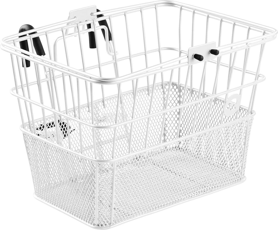 Retrospec Apollo Detachable Front Bike Basket Steel Half-Mesh with Integrated Detachable Hooks and Built-In Handle, Easy Assembly and Portability for Bicycles (White)