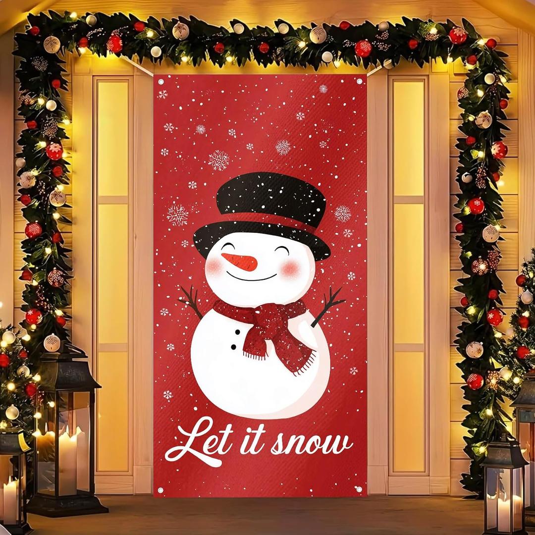 Merry Christmas Door Cover 71x35 Inch Front Porch Door Banners Decoration Winter Red Background Snowman with Hat and Scarf Winter Wonderland Theme for Sign Party Indoor Decor