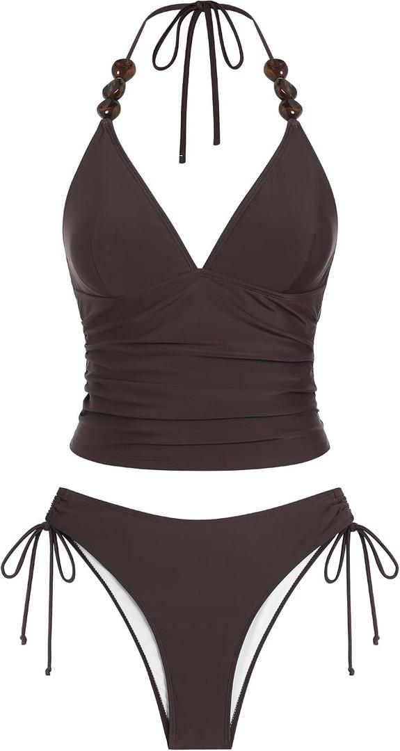 ZAFUL Women's Spaghetti Strap Tankini Swimsuits V Neck Tummy Control Tie Side Thong Bikini Swimsuits 2 Piece Bathing Suits (Brown, S)