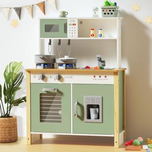 Babytronic Kids Play Kitchen, Wooden Kitchen Playset for Kids Ages 3+ with Real Lights, Sounds, Stove, Sink, Oven, and 30 Pcs Accessories, Toys Kitchen Small Pretend Play Kitchen for Toddlers (Green), Medium